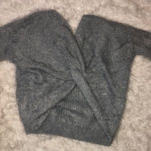 Fuzzy Grey Twisted-Back Sweater